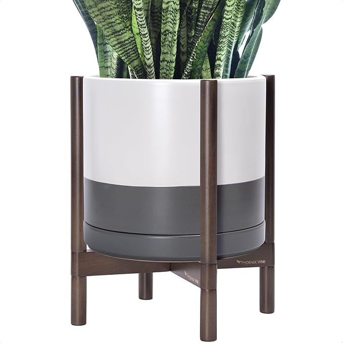 D'vine Dev Ceramic Planter with Walnut Color Stand - 14 Inch Modern Round Flower Pot with Wood Planter Holder, White/Grey, 55-B-T-6