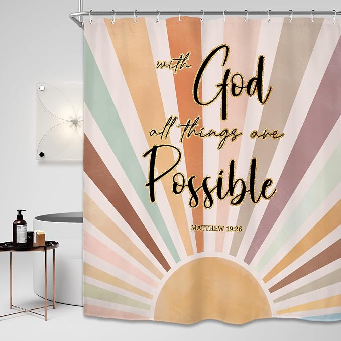 Miyotaa Pastel Sun Rainbow Shower Curtain Set 60Wx71H Inches Bible Inspirational Motivational Retro Minimalist Abstract Colorful Aesthetic Polyester Waterproof Bathroom Curtain with 12 Hooks