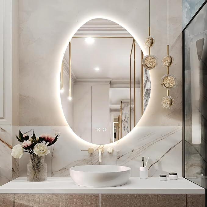 Niccy Irregular LED Bathroom Mirror, 24"x32" Asymmetrical Backlit Vanity Wall Mirrors, Frameless Lighted Mirrors for Bedroom, Living Room, Modern Smart-Mirror with Anti-Fog, Dimmable, Memory Function