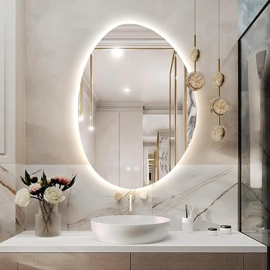 Niccy Irregular LED Bathroom Mirror, 24"x32" Asymmetrical Backlit Vanity Wall Mirrors, Frameless Lighted Mirrors for Bedroom, Living Room, Modern Smart-Mirror with Anti-Fog, Dimmable, Memory Function