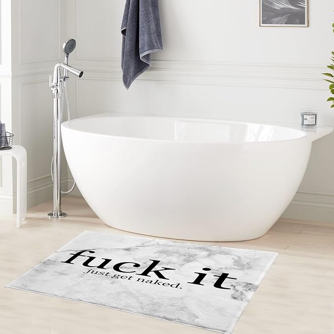 LB Black and White Marble Bath Mat for Bathroom- Funny Fuck It Just Get Naked Non Slip Doormat- Modern Geometric Absorbent Memory Foam Living Room Bedroom Door Front Floor Area Rugs,31.5x19.6 Inch