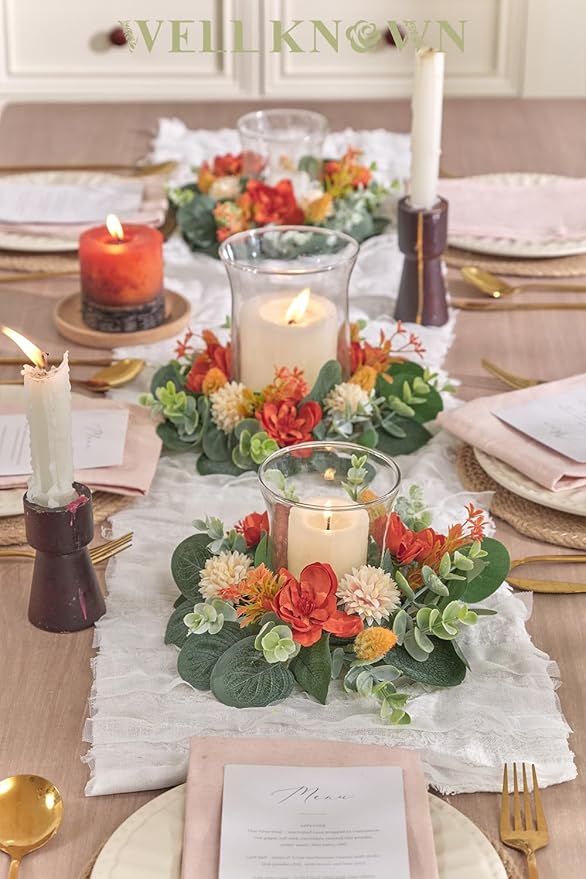 2 Pcs Mini Fall Orange Floral Candle Rings Wreaths for Pillars Home Table Window Decor, 9 Inches Artificial Flower Cabinet Wreath for Autumn Kitchen Farmhouse Wedding Party (Orange Delphinium)