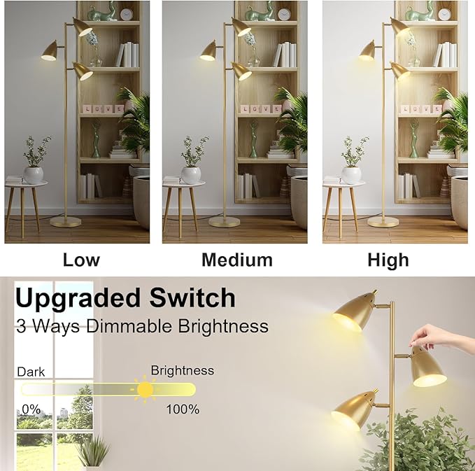 LALISU Tree Floor Lamp for Living Room, Industrial 3-Light Standing Lamp with 3 LED Bulbs, Adjustable Rotation Heads, Standing Tall Pole Lamp Farmhouse Rustic Reading Lamps for Bedroom Office (Gold)