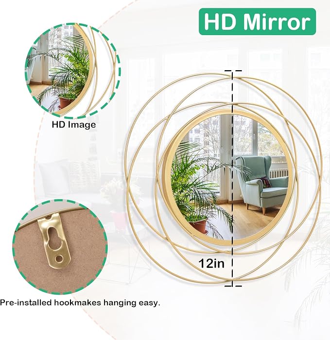 Gold 3 Set Circle Mirrors Wall Decor Wire Metal Mirror Round Mirror Home Decor Hanging Mirror for Room Bedroom Bathroom Entryway 12''
