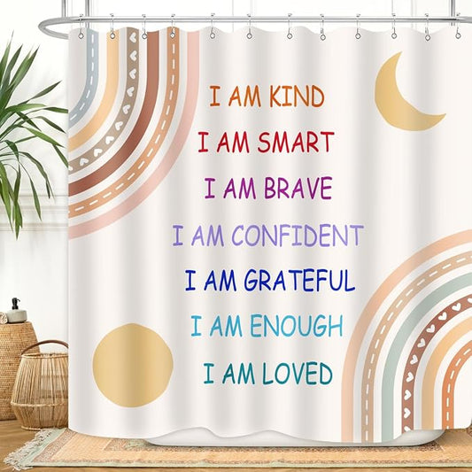 Boho Rainbow Quotes Shower Curtain Colorful Inspirational Positive Kids Teen Girls Abstract Moon Sun Fabric Home Bathroom Decor Waterproof Fabric 72Lx72W Inch with Plastic 12PCS Hooks
