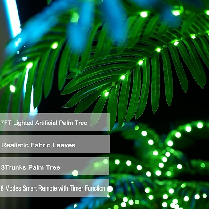 7FT Lighted Artificial Palm Tree with Three Trunks and 260 LED Lights - Ideal for Outdoor/Indoor Use, Perfect for Tiki Bars, Patios, Homes, Offices, Beaches, Yards Pool, and Cruise Party