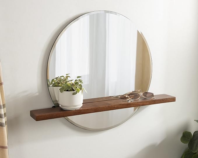 Kate and Laurel Fossett Frameless Round Wall Mirror, 24 Inch Diameter, Walnut Brown, Decorative Functional Mirror with Shelf for Storage and Display