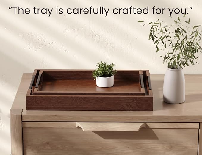 Fibogollo Bamboo Set of 2 Serving Tray with Metal Handles,Ottoman Decorative Trays Platter for Coffee Table,Living Room,Bar,Party(Brown)