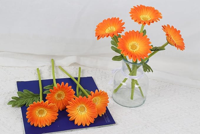 Orange Flowers Artificial Gerbera Daisies 8Pcs PU Daisy Flowers 11.8 Inches Small Artificial Flowers for Vase Wedding Centerpiece Arrangement Living Room Home Decor
