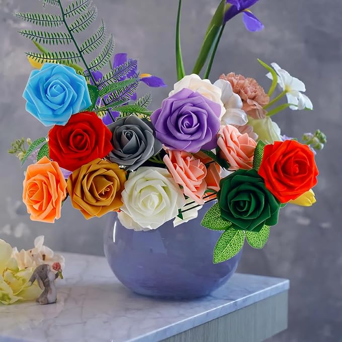 [25PCS] Vermillion Roses Artificial Flowers with Long Stem Real Touch Fake Foam Roses for DIY Wedding Bouquets Centerpieces Bridal Shower Mothers Day Party Flower Arrangements Home Decor