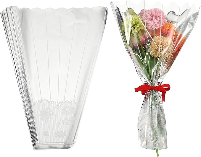 YELARXI Clear Flower Wrapping Bags, Transparent Flower Packaging Bag Waterproof Bouquet Sleeves with Lace - Fitting for (Florists/Floral Arrangements Supplies), 11.0x3.9x17.7 Inch & 100Pcs
