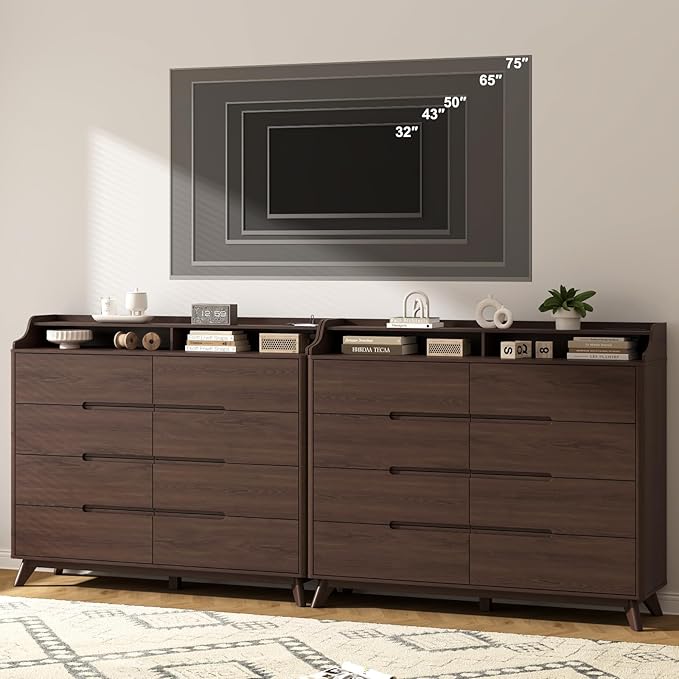 Dresser for Bedroom with 8 Drawers, 55" Large Dresser & Chest of Drawers with Charging Station, Wood Closet Clothes Storage Tall Dressers Organizer for Bedroom Living Room Hallway, Brown