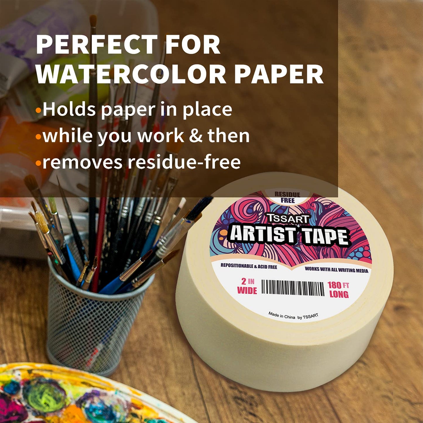 Skiennix White Artist Tape - Acid-Free Masking Tape for Watercolor Painting - 2 Inch Wide, 180FT Long