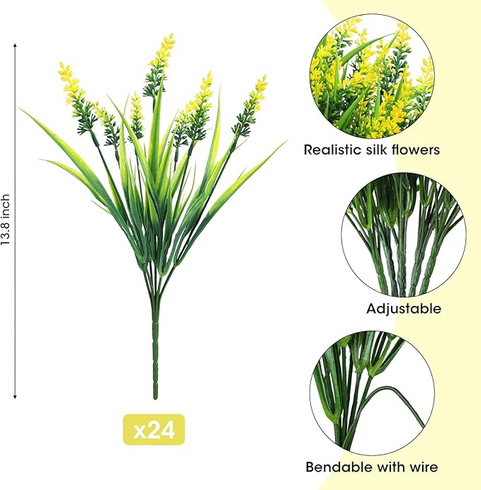 Ouddy Decor 24 Bundles Artificial Flowers for Outdoors, Fake Lavender Flowers Monkey Grass Faux Plastic Plants Shrubs UV Resistant for Porch Garden Window Box Office Home Decorations, Yellow