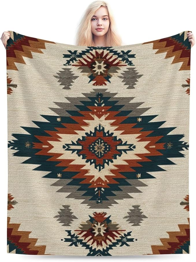 Boho Western Blanket Aztec Tribal Southwest Throw Blanket Southwestern Navajo Soft Cozy Fleece Fuzzy Stuffed Plush Flannel Gifts for Girls Women Boys Kids Adults 60''x80''