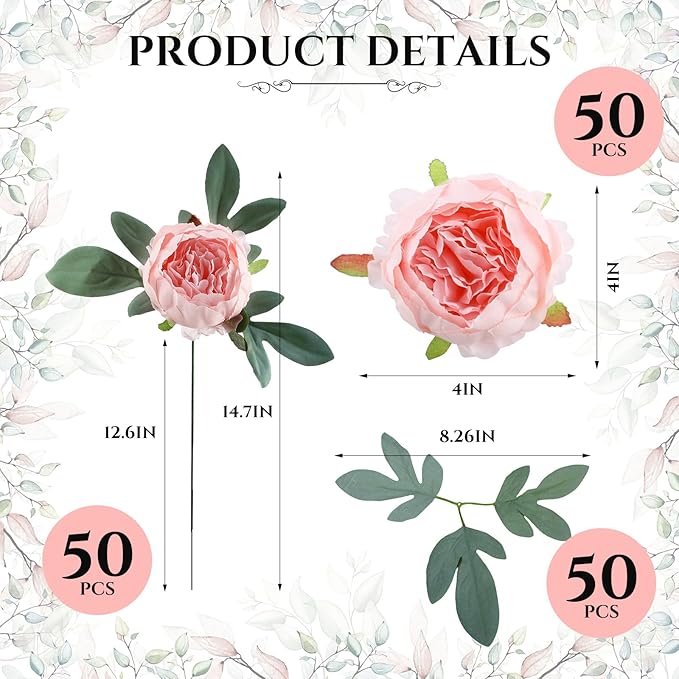 Zeyune 50 Pcs Wedding Artificial Peonies 4 Inch Fake Silk Peony Faux Peonies Artificial Valentine Flowers Bulk Rose Flowers Heads for Valentine Decoration Vintage Wedding Home Office(Pink)