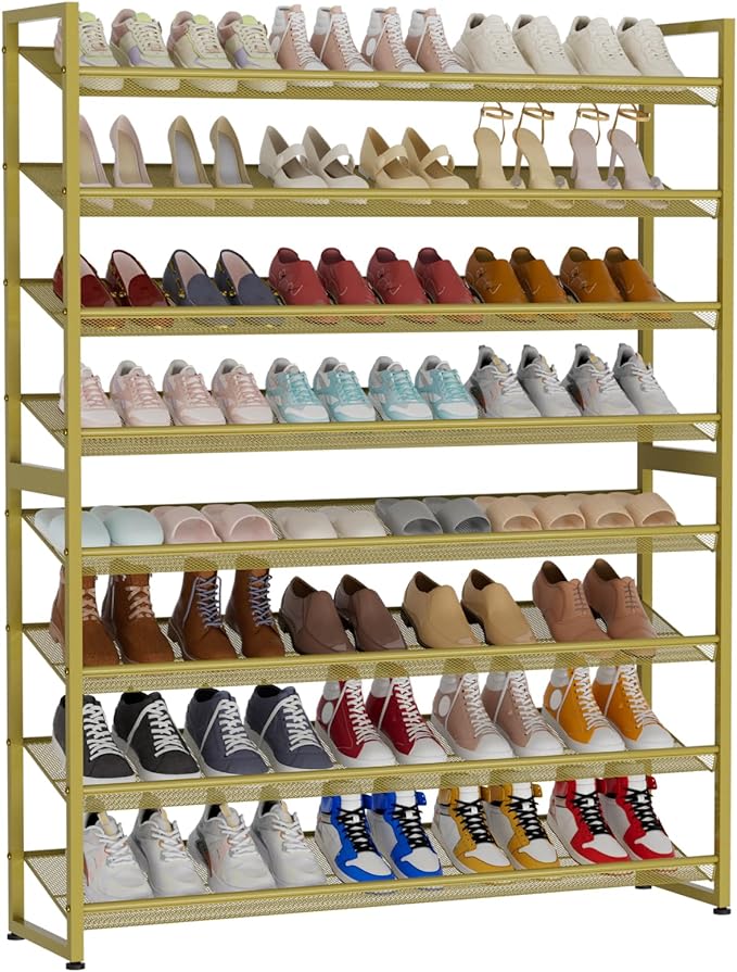 NEYCIL Large Shoe Rack 8 Tier Shoe Organizer, Heavy Duty Metal 4-Tier Stackable Shoe Storage Vertical Shoe Rack for Closet Front Door Entrance, Up to 50 Pairs, 44.8" W x 11.4" D x 56.7" H, Gold