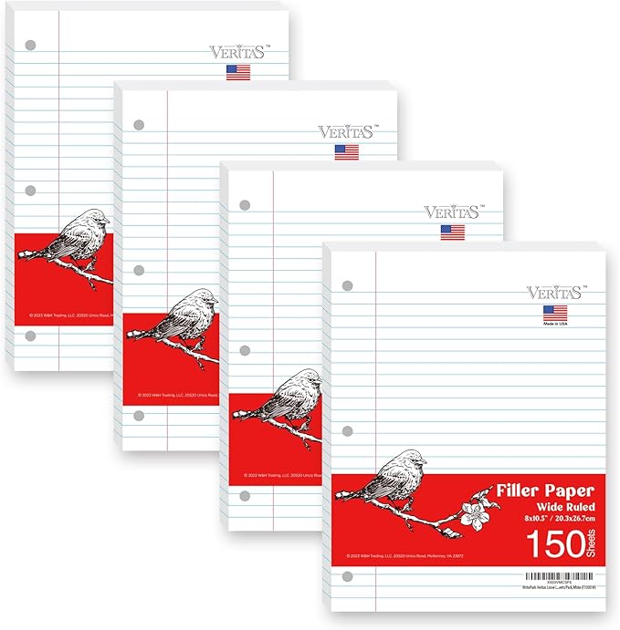 WritePads Notebook Paper Wide Ruled Loose Leaf Paper, Standard 8"x10-1/2" Bulk Lined Paper, 3 Hole Punched Filler Paper For 3 Ring Binder,150 Sheets/Pack, 4 Pack, White, MADE IN USA