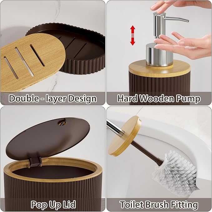 10PC Bathroom Accessories Set - Brown and Wooden Bathroom Sets, Bathroom Accessory Set with Pop Up Trash Can, Toilet Brush, Trash Can, Qtip Holder & Soap Dispenser