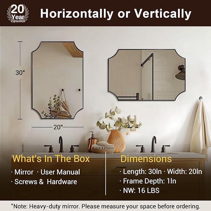 ANDY STAR 20"x30" Bathroom Mirror, Matte Black Vanity Mirror, Scalloped Rectangle Mirror in Premium Stainless Steel Frame, Scalloped Corners Design, Compact Size Ideal for Small Bathroom Remodel