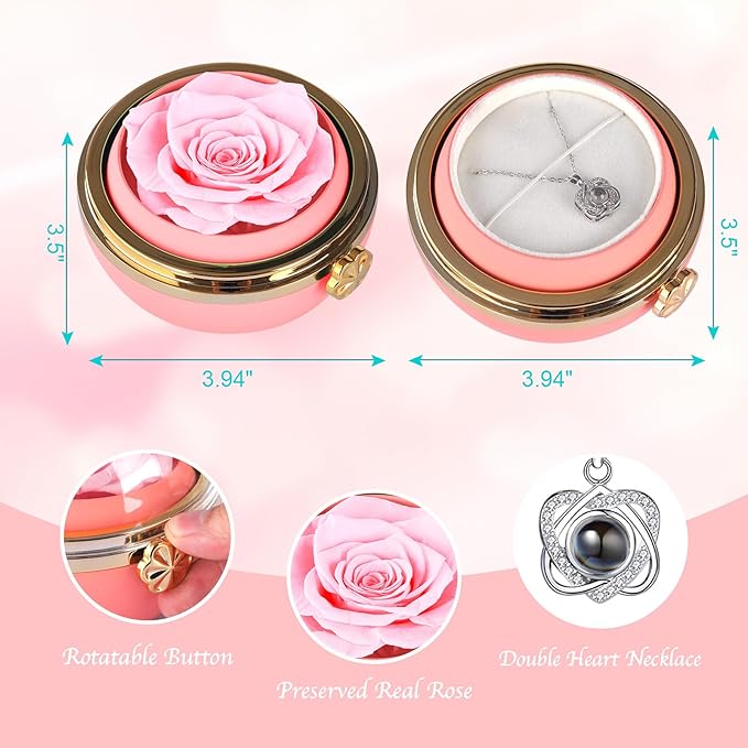 Preserved Real Rose with Heart Necklace , Eternal Flowers Gifts for Women, I Love You Gifts for Mom Wife Grandma Girlfriend, Christmas Valentines Mothers Day Anniversary Birthday Gifts Ideas (pink)