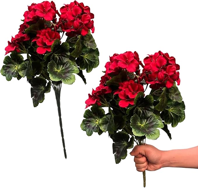 Artificial Geraniums 2Pcs 18 Inch 9 Heads Geraniums Artificial Flowers Realistic Vibrant Fade-Resistant Flowers for Wedding Home Party Decor, Red