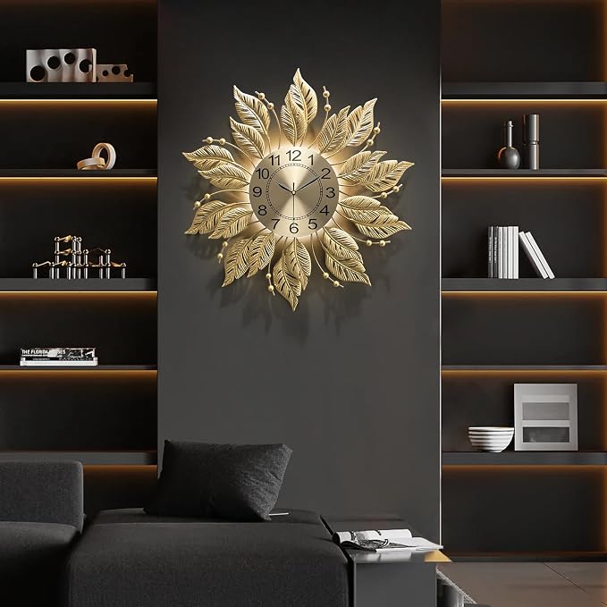 Gold Wall Clock Sunburst,23 Inch Mid Century Decorative Modern Wall Clocks Battery Operated Sunburst Large Handmade Home Art Decor for Living Room,Corridor,Staircase,Kitchen&Thoughtful Gift