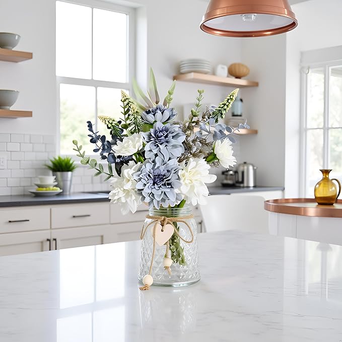 LADADA Artificial Flowers in Glass Vases, Silk Dahlia in Vases, Offices, Farmhouses, Bathrooms, Dining Tables, Coffee Tables, Decorative Artificial Flowers