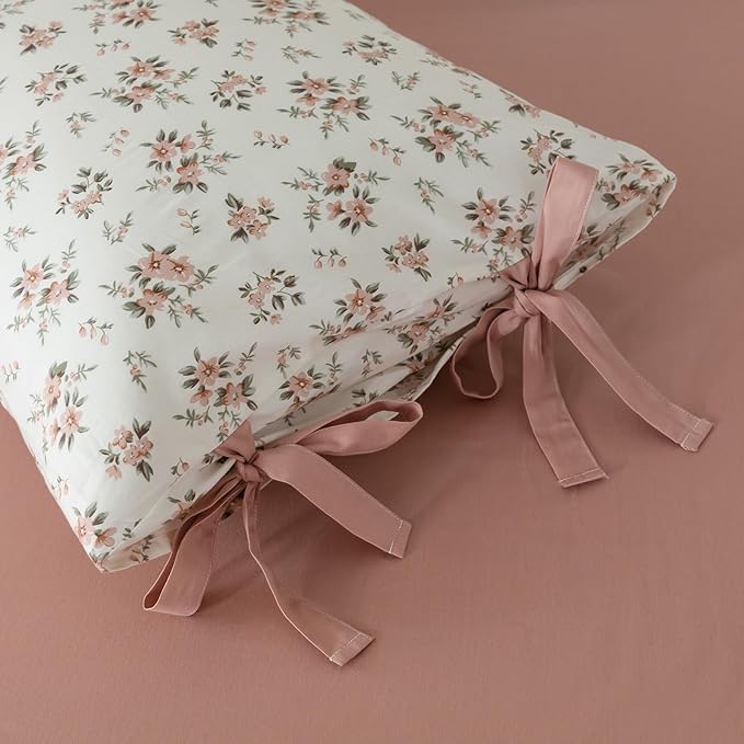 EAVD Pink Flower Duvet Cover Twin Soft 100% Cotton Chic Shabby Pink Floral Cottagecore Bedding Set with 2 Pillowcases Vintage Style Peach Floral Comforter Cover with Zipper Closure