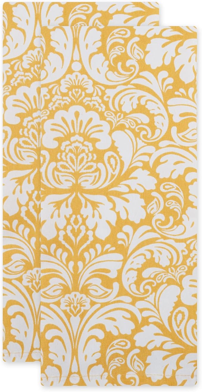 DII Cotton Dish Towel Set Damask Print, 18x28, Mustard, 2 Count