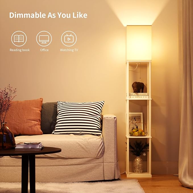 SUNMORY Floor Lamp with Shelves, Modern Square Standing Lamp with 3 Color Temperature Bulb, Corner Display Bookshelf Lamp for Living Room and Bedroom