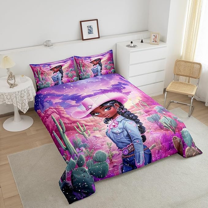 Western Cowgirl Full Size Comforter Set,Reversible African Style Cute Girl Print Black Bedding Comforters Bedroom Collection,Dreamy Stars Purple Galaxy Sparkling Bedding Set for Girls Teens