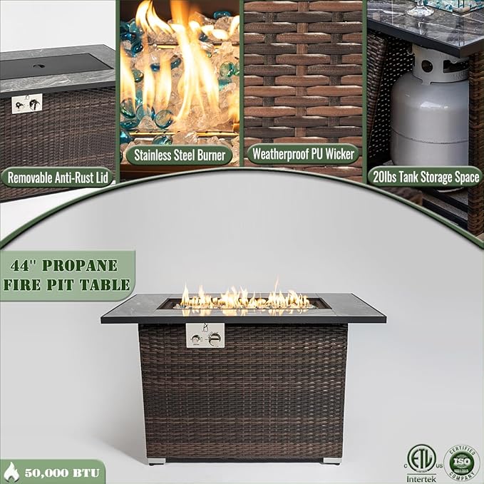 44" Propane Gas Fire Pit Table, 50000 BTU Rectangular W/Glass Wind Guard Fire Pit, Tile Tabletop with Beautiful Wicker Base for Outside Patio Deck Garden Courtyard