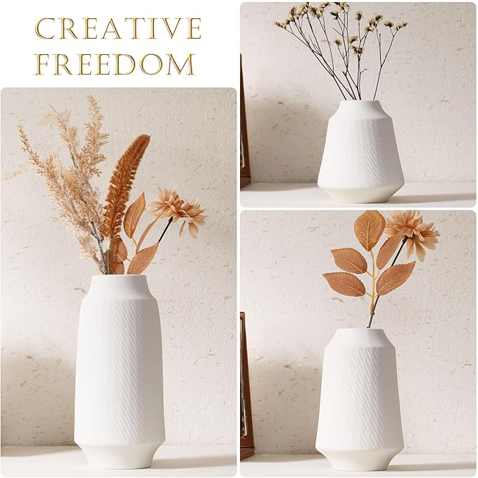 Ceramic Vase Set of 3 - Handcrafted Ceramic Vases for Home Decor & Shelf - Modern Farmhouse Decor for Kitchen, Office, Bedroom & Living Room Decorative Objects for Mantel, Table Centerpieces