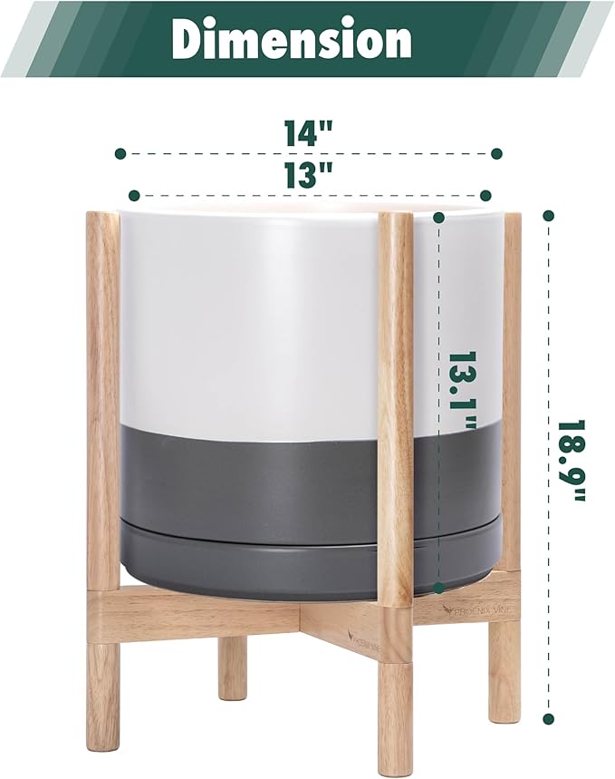 D'vine Dev Ceramic Planter with Natural Stand - 14 Inch Modern Round Flower Pot with Wood Planter Holder, White/Grey, 55-B-R-6