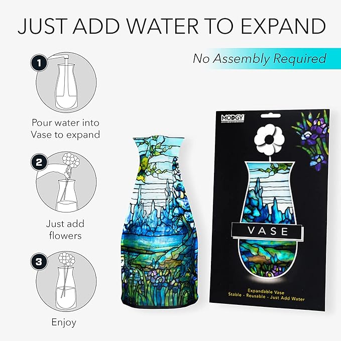 MODGY Expandable Flower Vase, Plastic Decorative Modern Foldable Printed Vases for Centerpieces for Wedding, Dining Table, Home Decor, Living Room, Bathroom, Iris Landscape, Louis C. Tiffany, 4 Pack