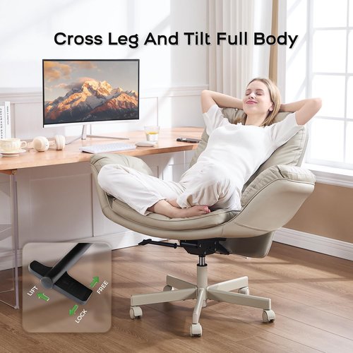 Amseatec Criss Cross Chair - Comfortable Adjustable Swivel Office Desk Chair with Armrests & Wheels | Cream PU Leather
