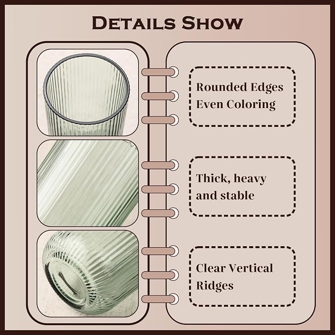 Green Ribbed Highball Glasses Set of 6, 13.2oz Sage Green Colored Glassware, Drinking Glasses for Water, Juice, Iced Coffee, Cocktails, Green Glass Cups, Housewarming Christmas Gift