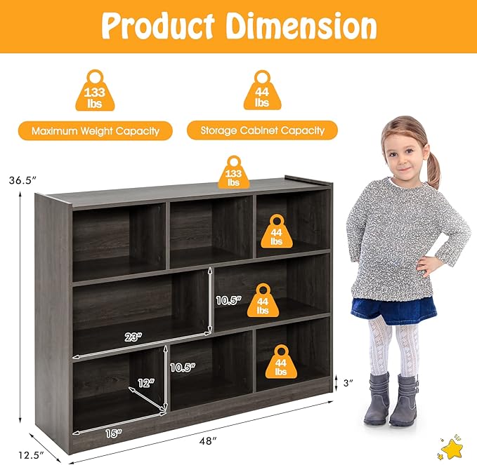 KOTEK Toy Storage Organizer, 8 Cubby Kids Bookshelf, Wooden 4-Tier Bookcase Storage Cabinet, Open Display Book Shelf for Daycare, Nursery, School Classroom, Playroom & Bedroom (Grey, 8 Cubes)