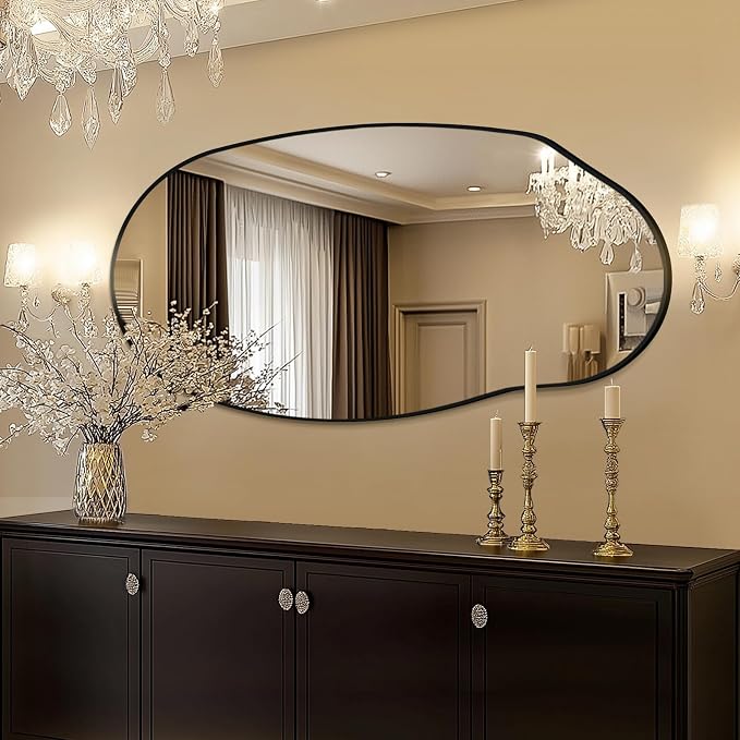 Mirrorons Irregular Wall Mirror 51×28, Black Asymmetrical Bathroom Mirror, Oval Aesthetic Full Length Mirror, Shatterproof Black Bathroom Mirrors