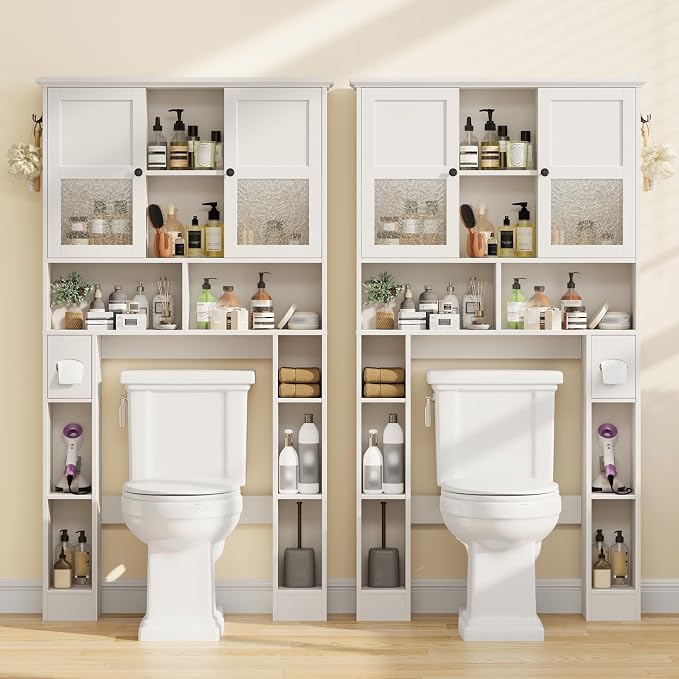 Over The Toilet Storage Cabinet, Bathroom Shelf Over Toilet with Hammered Grain Glass Doors and Adjustable Shelves, Freestanding Home Space Save Toilet Rack for Restroom, Bathroom, Laundry (White)