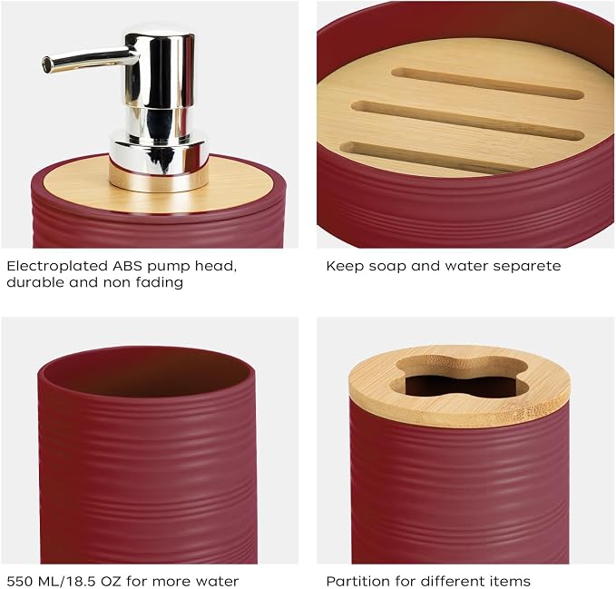 4 PCS Burgundy Bathroom Accessories Set, Includes a Soap Dispenser, Toothbrush Holder, Soap Dish and Mouthwash Cup, Plastics & Bamboo Bathroom Set, Bohemian Style Bathroom Sink Set