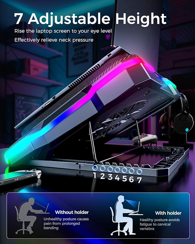 KeiBn Gaming Laptop Cooling Pad, Laptop Fan Cooling Pad with 5.5inch RGB External Fan, Rapid Cooling Laptop 15.6-19.3inch, 8 Height Stands, 2 USB Ports, Phone Holder-K1 5V RGB