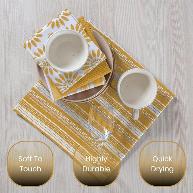 Assorted Kitchen Towels - Mustard Yellow Towels, Set of 5, 16x26 in - Absorbent 100% Cotton Dish Towels with Hanging Loop - Waffle Weave Tea Towels for Drying Dishes, Glassware & Counters