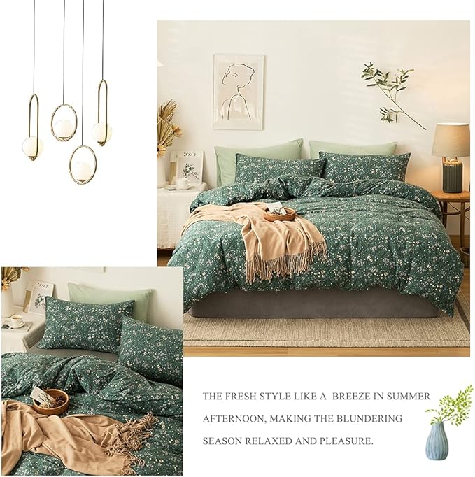 EAVD Premium Soft 100% Jersey Knit Cotton Duvet Cover Green Floral Duvet Cover Queen Vintage Style Botanical Bedding Set for children,teens,boys,girls, women&men Chic Shabby Reversible Comforter Set