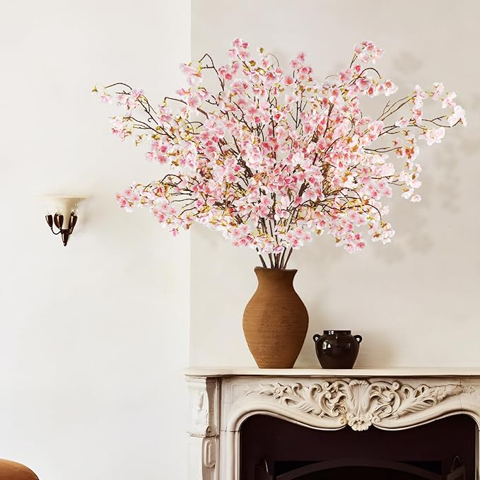 12 Pcs Artificial Cherry Blossom Flowers 40" Faux Silk Cherry Blossom Stems Fake Real Touch Peach Branches for Wedding Home Garden Japanese Decor White Pink
