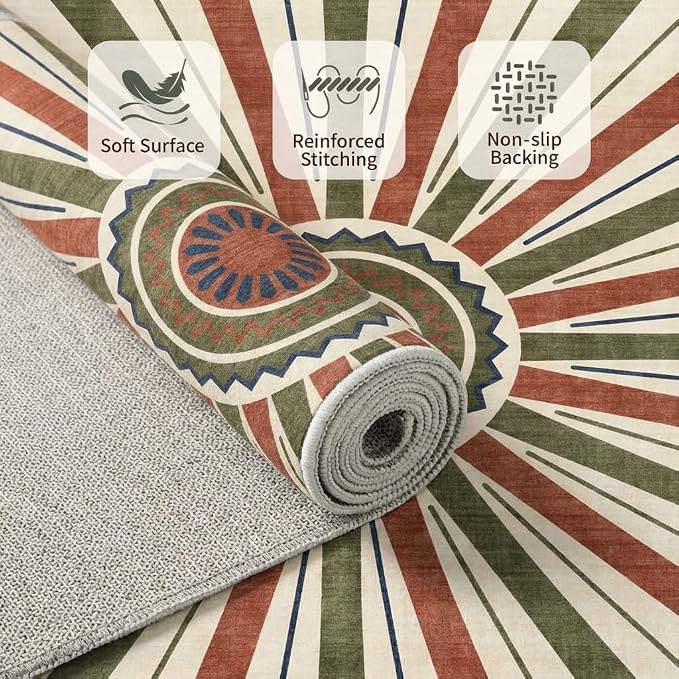 5x7 Retro Sunburst Medallion Area Rug - Non-Slip Washable Low Pile, Rust Red Olive Green Navy Pattern Carpet for Bedroom, Living Room, Dining Area, Home Office