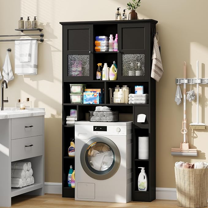 Over The Toilet Storage Cabinet, Bathroom Shelf Over Toilet with Hammered Grain Glass Doors and Adjustable Shelves, Freestanding Home Space Save Toilet Rack for Restroom, Bathroom, Laundry (Black)