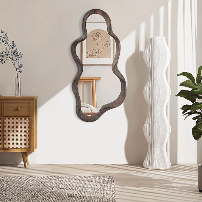 Asymmetrical Mirror for Wall Brown Irregular Wood Frame Modern Artistic Wall Mirror Decorative Vanity Bathroom Living Room Bedroom Entryway Hallway Cute and Stylish Cloud Mirror Large 36" x 20"