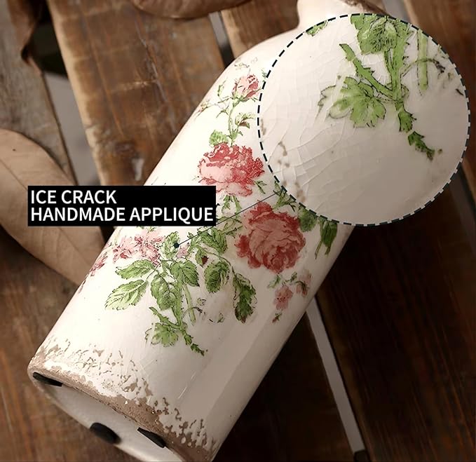 Ceramic Rustic Farmhouse Vase, Distressed Floral Pattern, Holds Water, With Handle, 7.8 inches